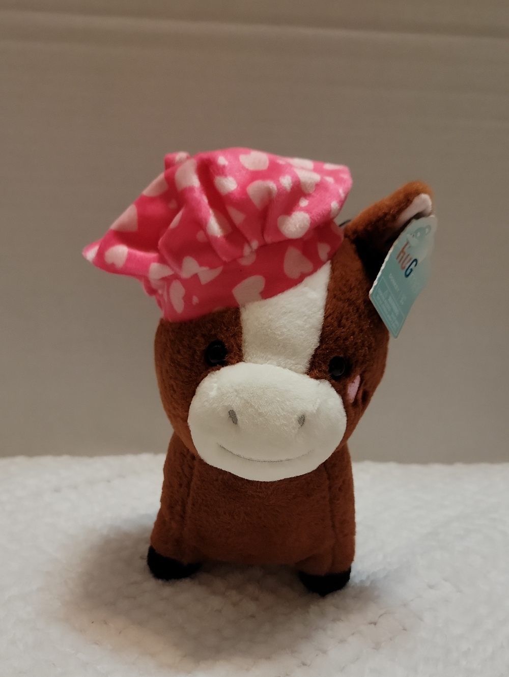 Plush Brown Horse with Pink Heart Bandana - Soft Cuddly Stuffed Animal